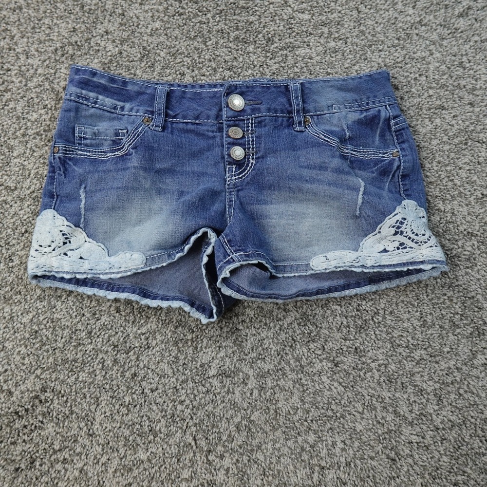 Amethyst Shorts Womens 5 Dark Blue Denim Jean Jorts Low Rise Mini Micro Lace Y2K